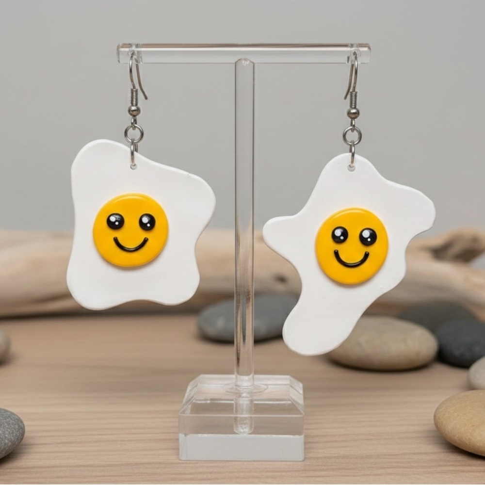 Smiley Fried Egg Dangle - Handmade Earrings - Yellow & White